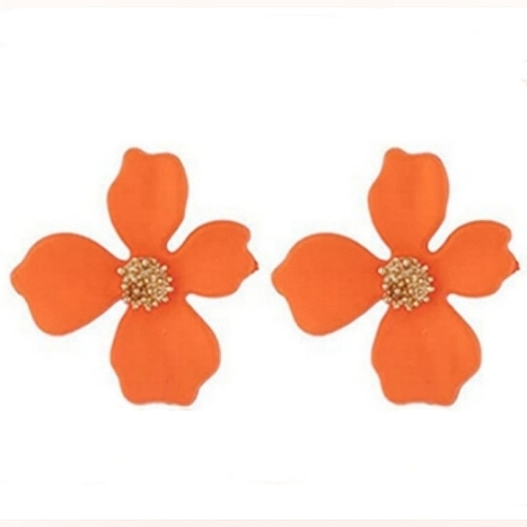 Orange Flower Post Earrings 3D Autumn Floral Pretty Feminine Floral New - Picture 2 of 4